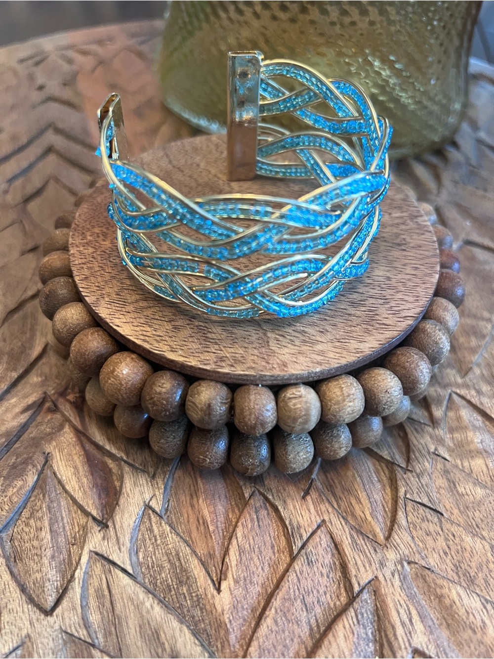 New Gold-Tone Braided Cuff Bracelet with Teal Crystals - Picture 2 of 3